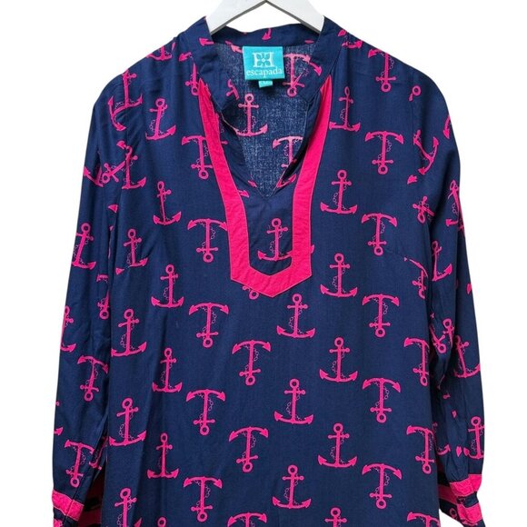 Escapada Tunic Blouse Medium Nautical Anchors Navy Blue Pink Rayon Womens Top - Picture 2 of 9